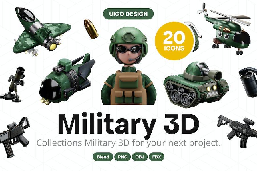 20款高级卡通军事飞机坦克枪支炸弹3D插图图标Icons设计素材包 Military 3D Icon_img_3