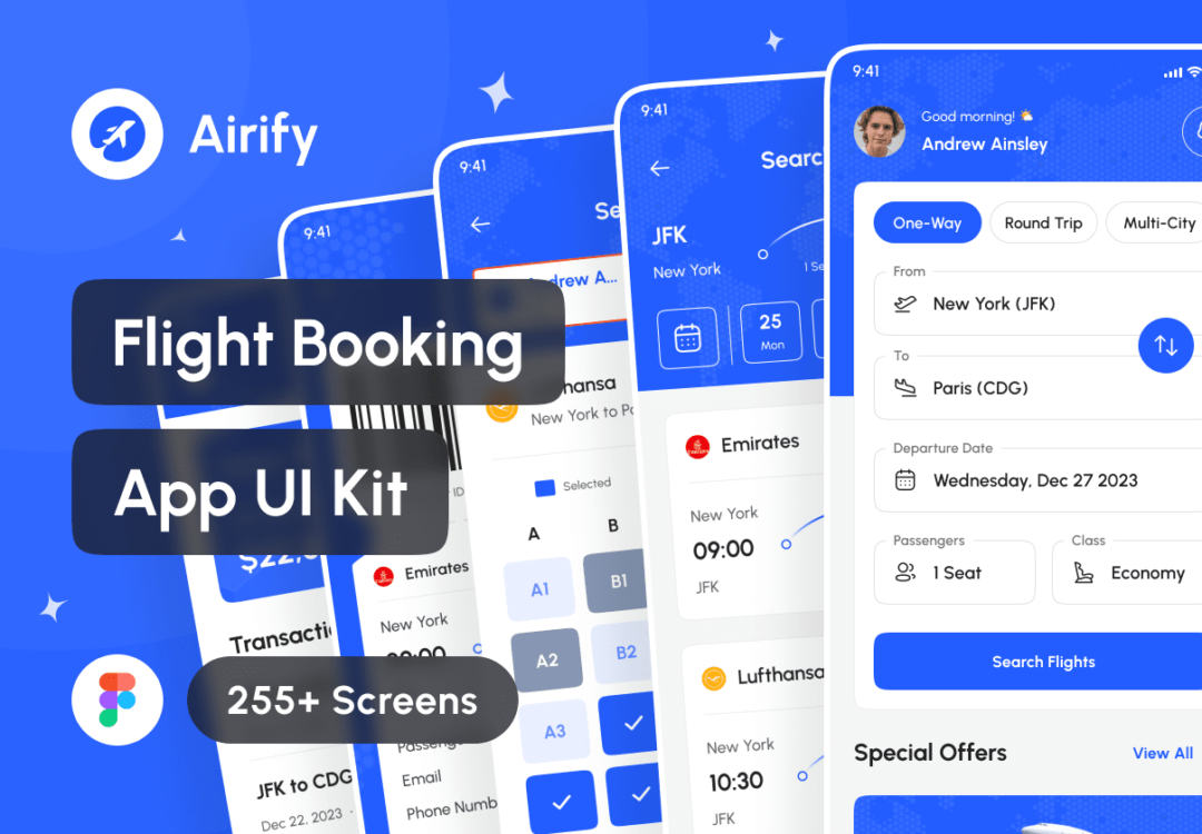 255+屏高质量航班机票车票在线购买预定APP软件界面设计Figma模板套件 Airify - Flight Booking App UI Kit_img_3