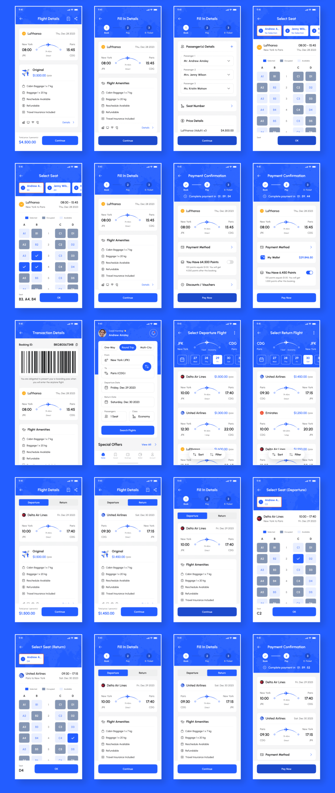 255+屏高质量航班机票车票在线购买预定APP软件界面设计Figma模板套件 Airify - Flight Booking App UI Kit_img_3