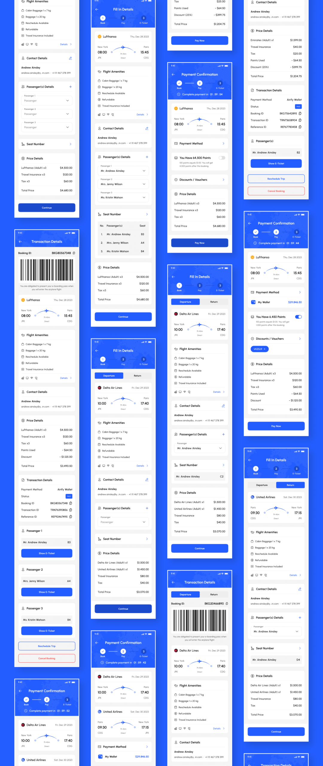 255+屏高质量航班机票车票在线购买预定APP软件界面设计Figma模板套件 Airify - Flight Booking App UI Kit_img_3