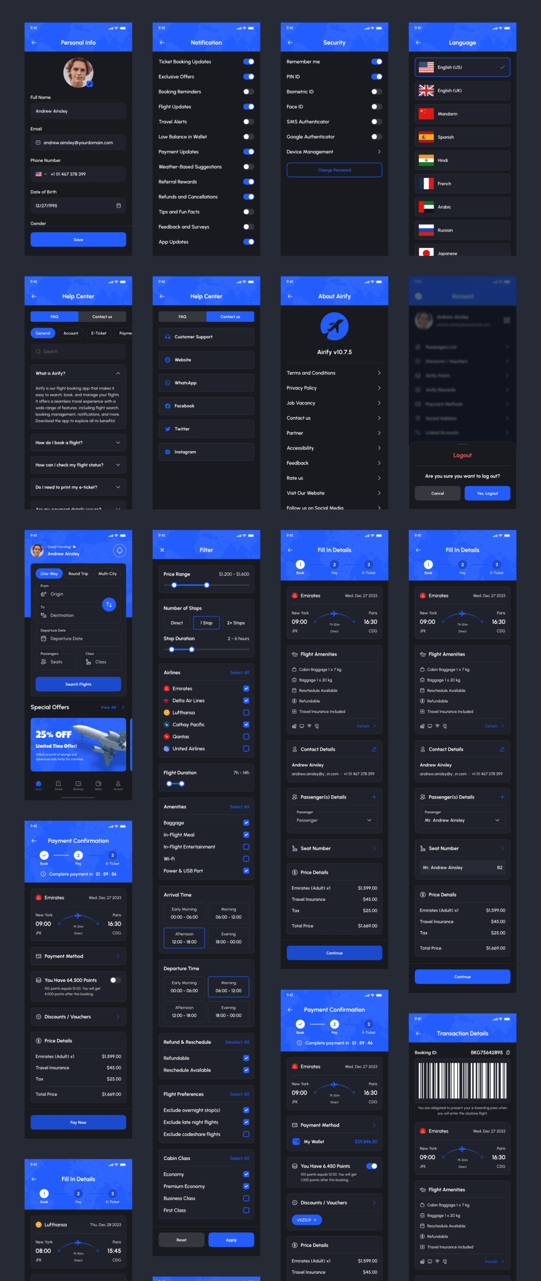 255+屏高质量航班机票车票在线购买预定APP软件界面设计Figma模板套件 Airify - Flight Booking App UI Kit_img_3