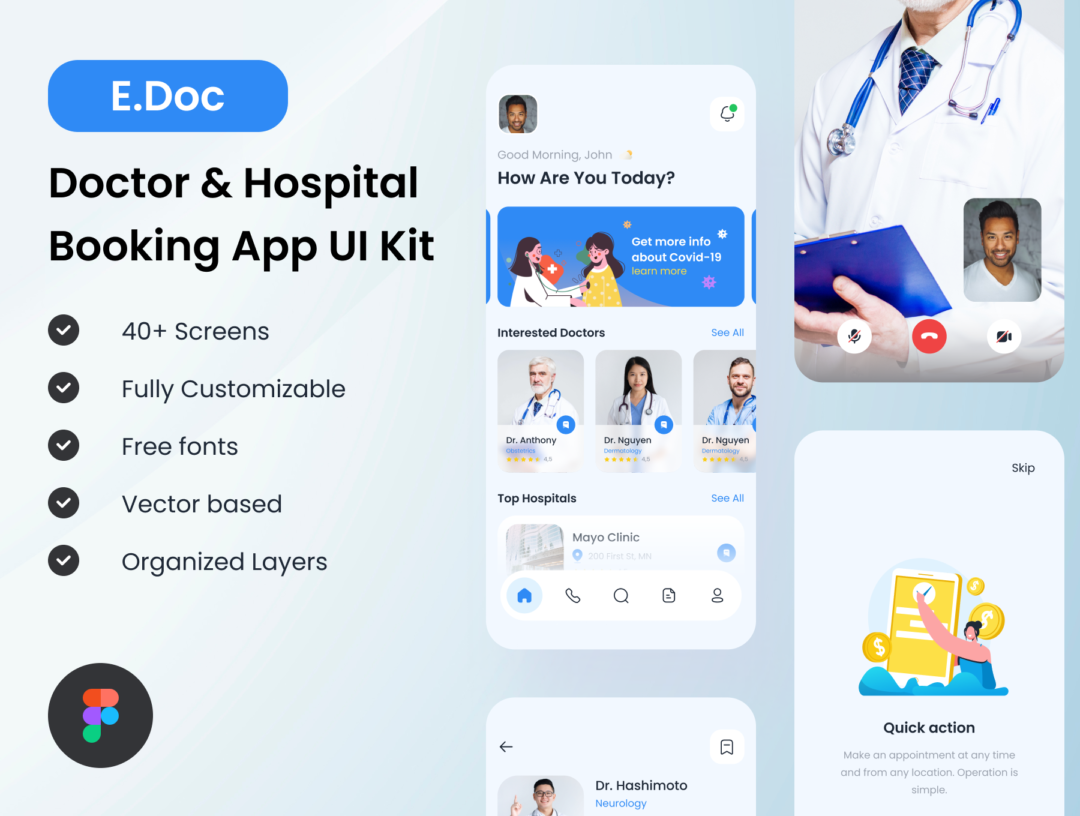 40+屏时尚医院医生在线就诊挂号预约APP软件界面设计figma模板套件 E.Doc - Doctor & Hospital Booking App UI Kit_img_1