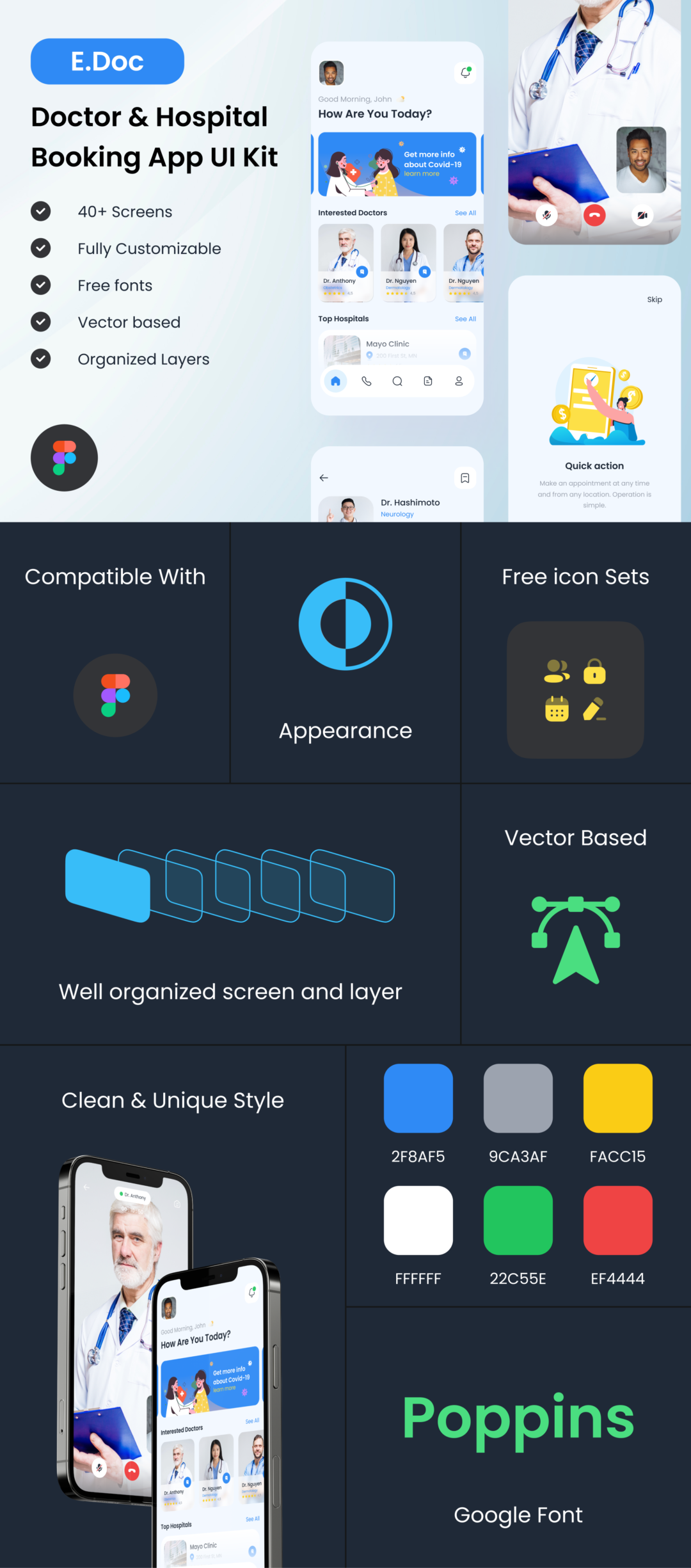 40+屏时尚医院医生在线就诊挂号预约APP软件界面设计figma模板套件 E.Doc - Doctor & Hospital Booking App UI Kit_img_1