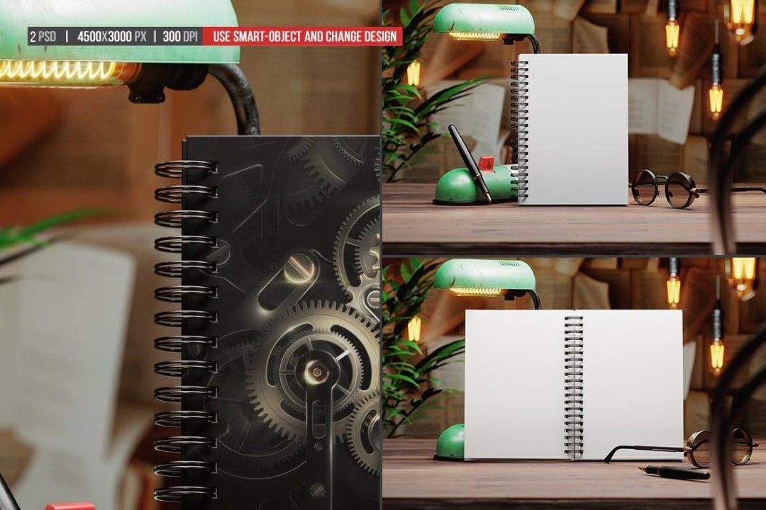 复古工作环境螺旋办公笔记本设计展示贴图PSD样机模板素材 Spiral Notebook in Vintage Workspace Mockup_img_1