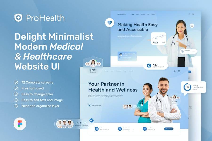 12页时尚自适应医疗保健医院网站界面设计Figma模板素材包 ProHealth – Medical & Healthcare Website Design_img_1