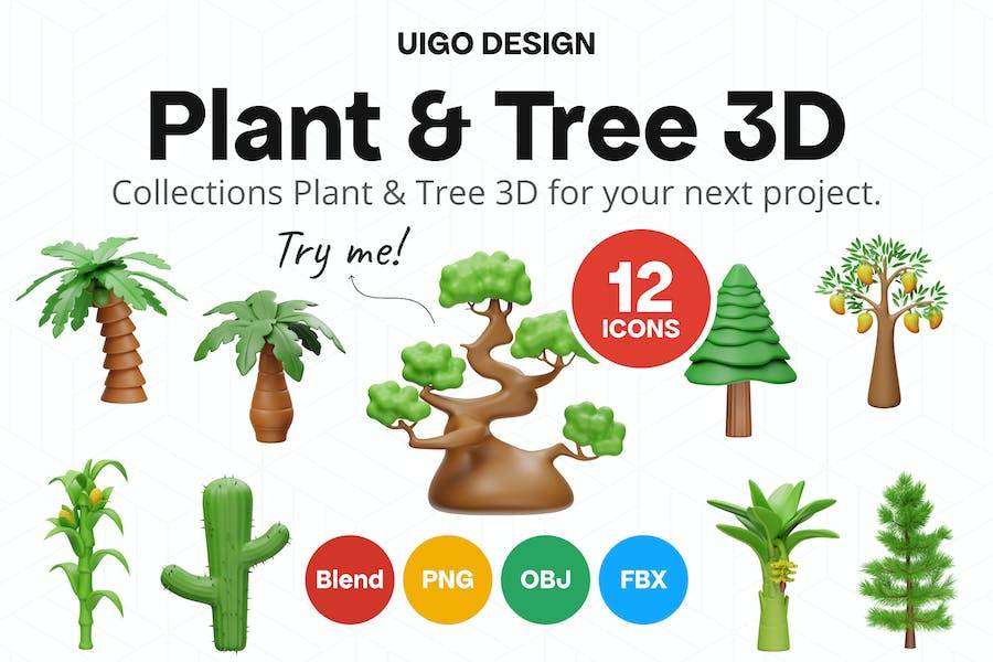 12款卡通创意植物树木3D插画图标Icons设计素材包 Tree And Plant 3D Icon_img_1