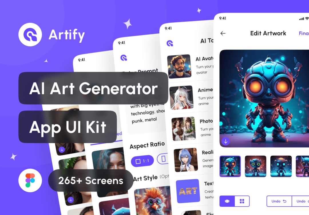256+屏高级AI人工智能艺术品插画生成APP应用程序软件界面设计Figma模板套件 Artify - AI Art Generator App UI Kit_img_1