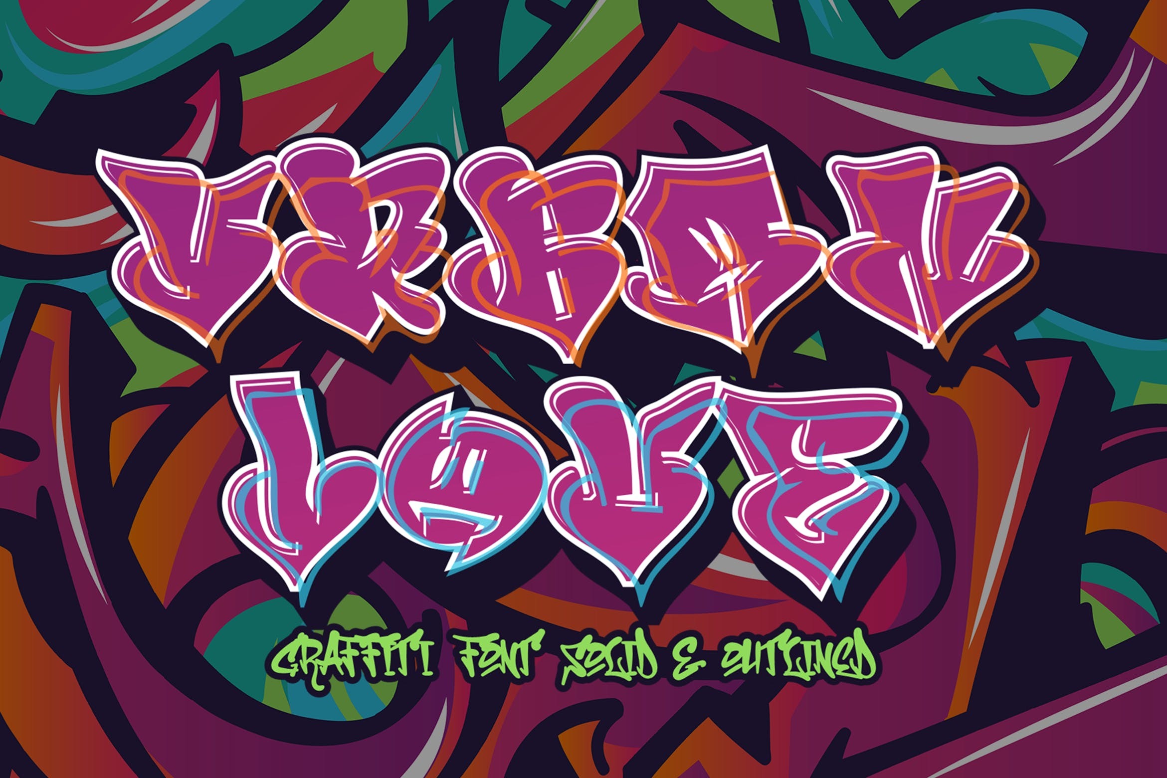 时尚品牌海报徽标设计装饰涂鸦字体安装包 Urban Love Solid and Outline Graffiti Font_img_2