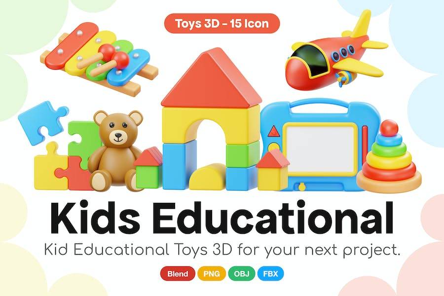 15款卡通有趣儿童益智玩具积木3D插图图标Icons设计素材包 Kid Educational Toys 3D Icon_img_1