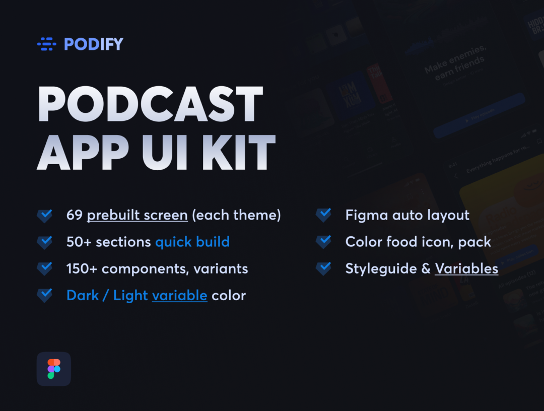 69屏双配色有声读物播客音频音乐内容媒体APP软件界面设计Figma模板 Podify - Podcast App UI Kit_img_1