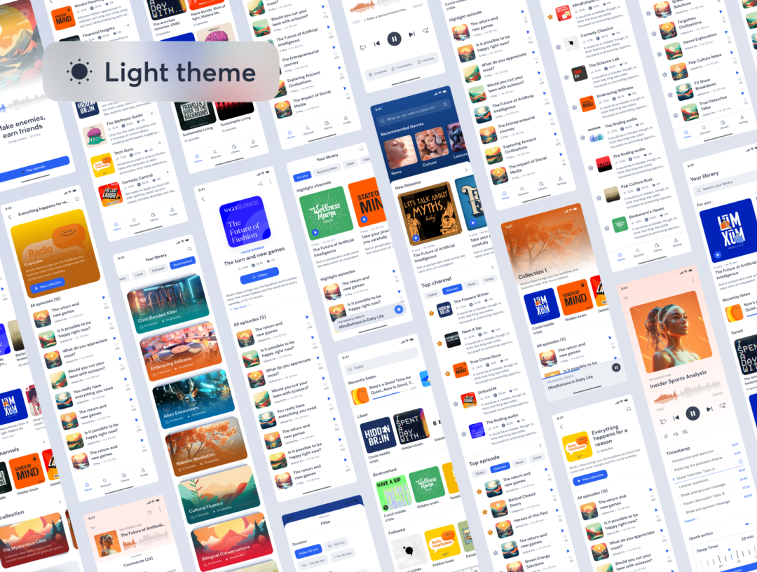 69屏双配色有声读物播客音频音乐内容媒体APP软件界面设计Figma模板 Podify - Podcast App UI Kit_img_1