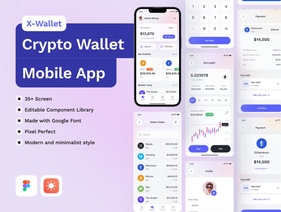 35屏时尚加密货币电子钱包APP应用软件界面设计Figma模板素材 X-Wallet: Crypto Wallet Premium UI Kits App_img_1