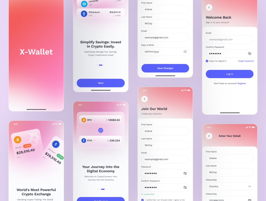 35屏时尚加密货币电子钱包APP应用软件界面设计Figma模板素材 X-Wallet: Crypto Wallet Premium UI Kits App_img_1