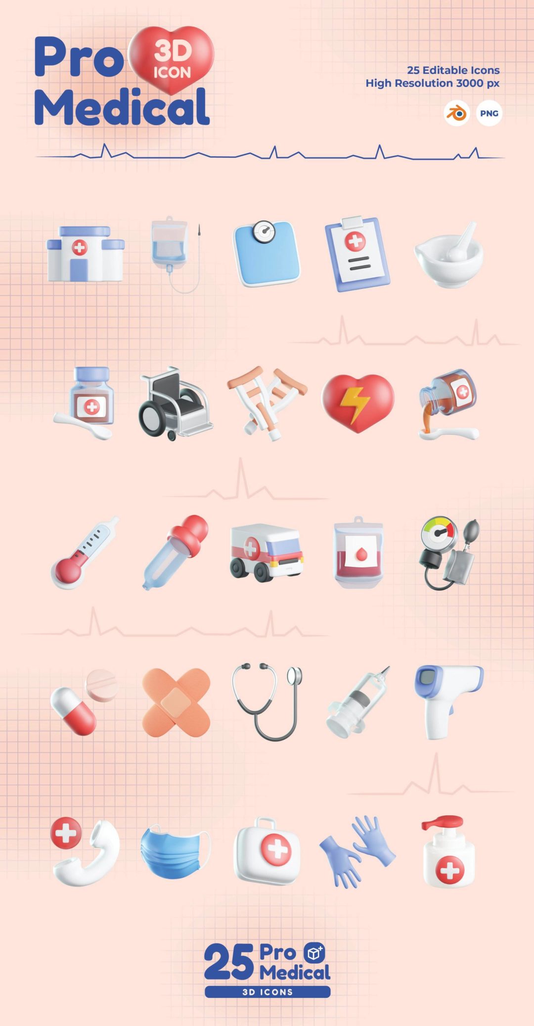 25款卡通趣味3D立体医院医疗诊断治疗icon图标Blender设计素材包 Pro Medical 3D Icons_img_1