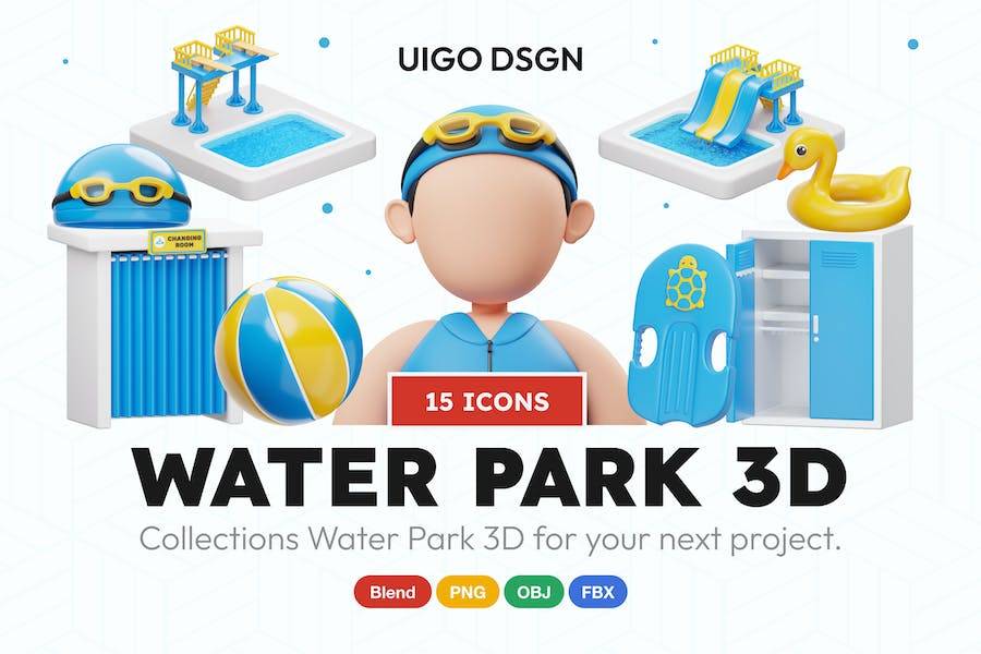 15款卡通创意水上乐园游泳装备3D插图图标Icons设计素材包 Water Park 3D Icon_img_1