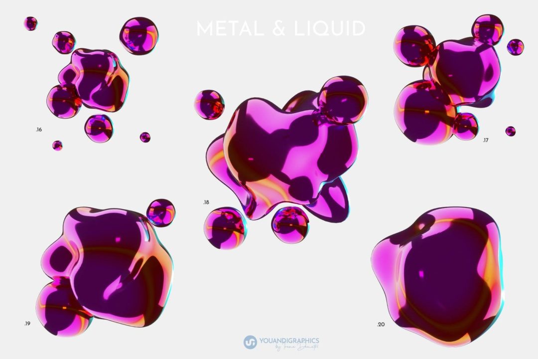 未来元宇宙3D液态金属泡泡抽象艺术海报包装设计背景图片素材包 Liquid Metal Fusion 3D Backgrounds_img_1