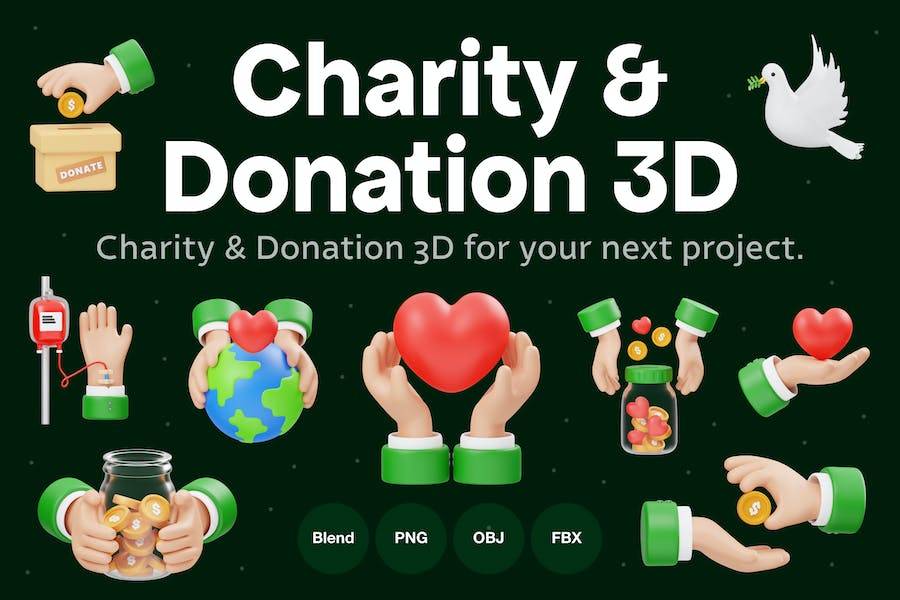 15款卡通创意慈善捐赠3D插图插画图标Icons设计素材包 Charity & Donation 3D Icon_img_1