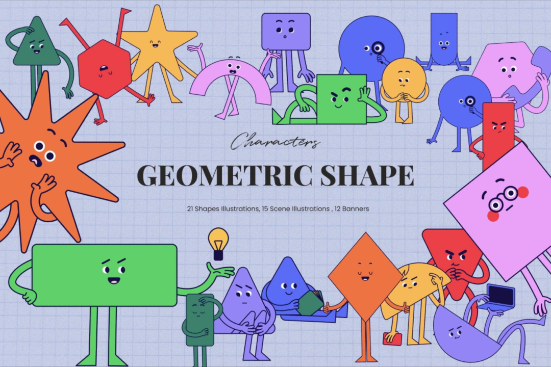 21款卡通趣味拟人人物角色几何形状AI矢量插画插图素材套装 Geometric Shape Characters_img_1