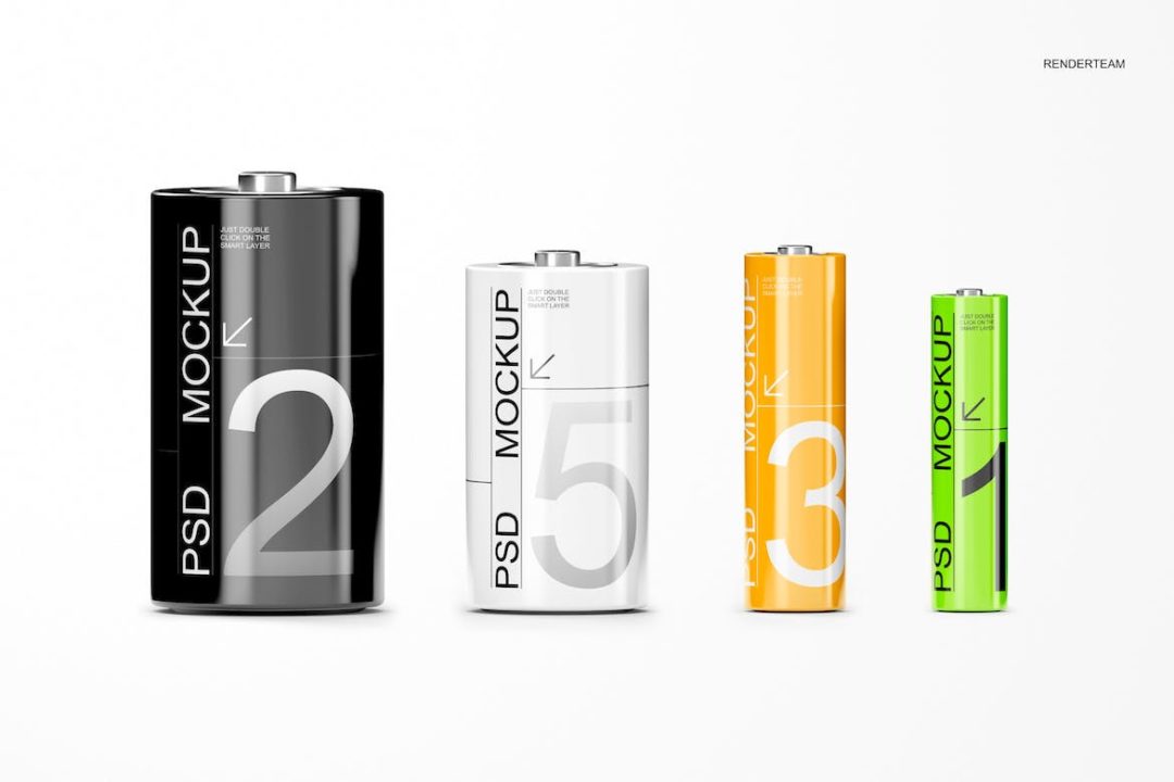 时尚多规格干电池外观包装纸盒设计展示PS贴图样机模板合集 Battery Packaging Mockup Set_img_1