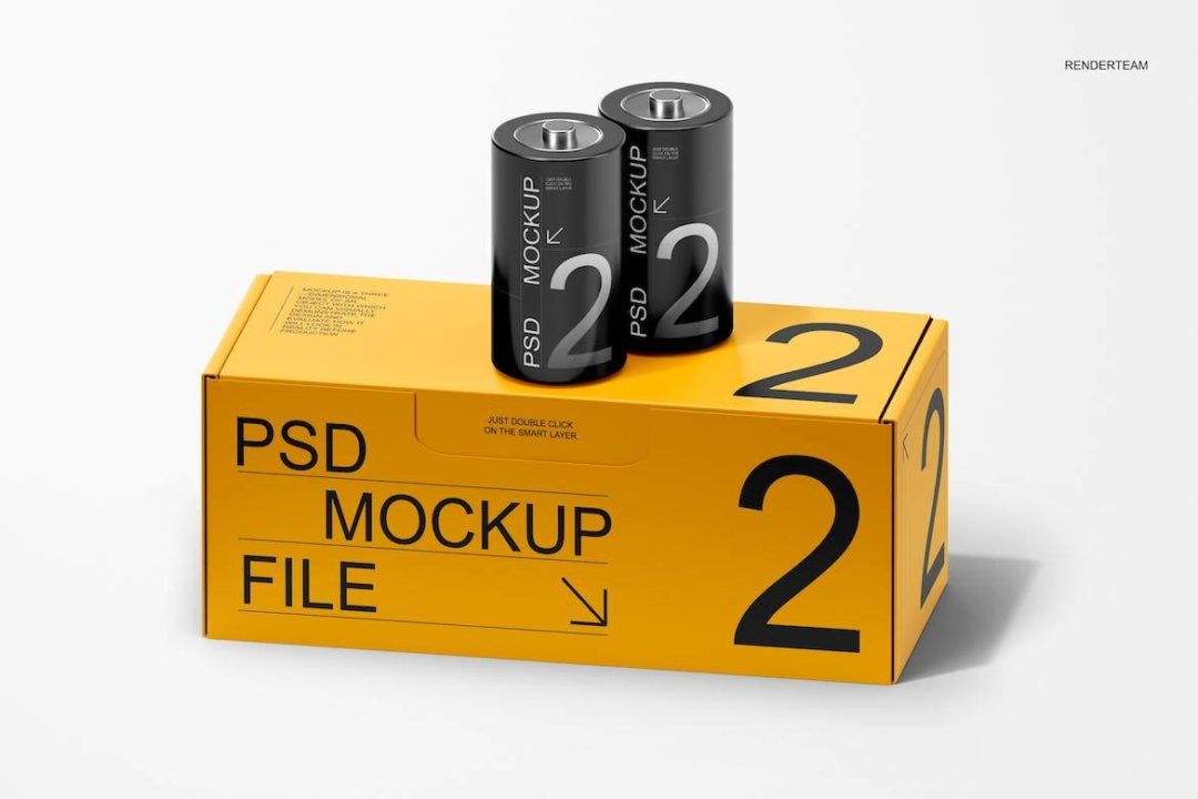 时尚多规格干电池外观包装纸盒设计展示PS贴图样机模板合集 Battery Packaging Mockup Set_img_1