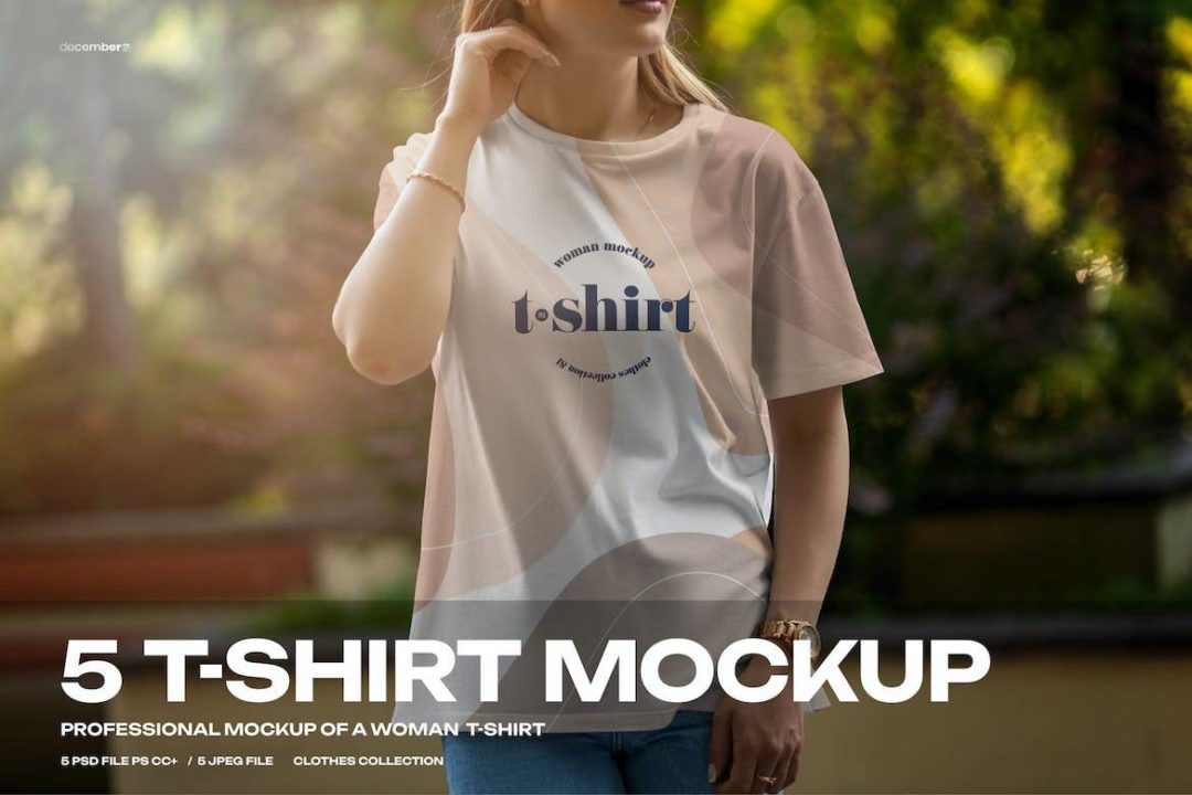 5款时尚女式半袖T恤印花图案设计PS展示贴图样机模板素材 5 Mockups T-Shirt on a Girl Walking in the Park_img_1