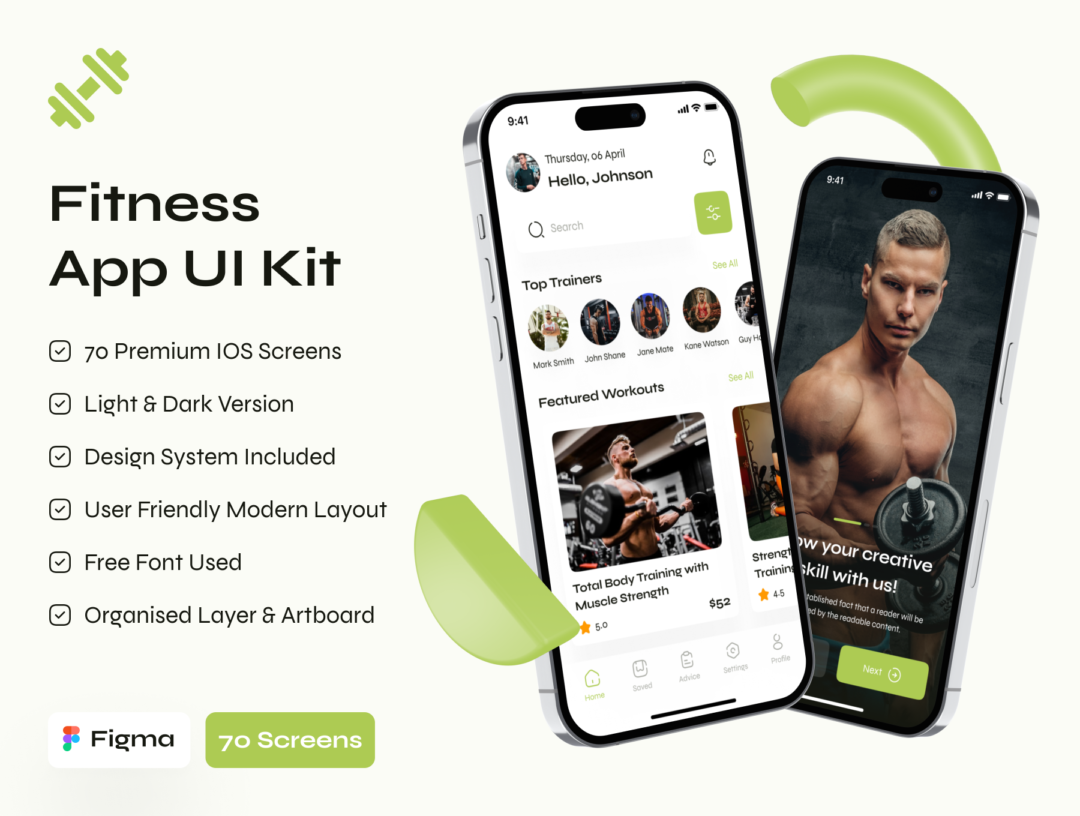 70屏高级运动健身锻炼APP软件界面设计Figma模板素材套件 Fitness & Workout App UI Kit_img_1