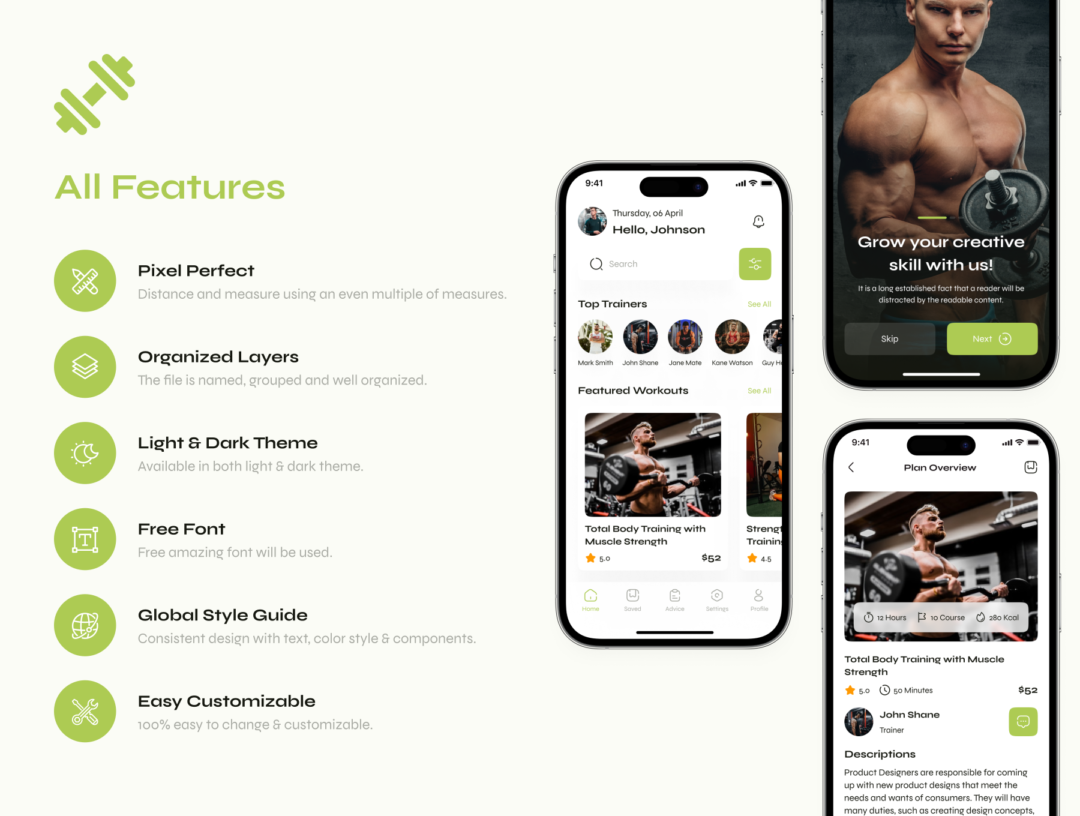 70屏高级运动健身锻炼APP软件界面设计Figma模板素材套件 Fitness & Workout App UI Kit_img_1