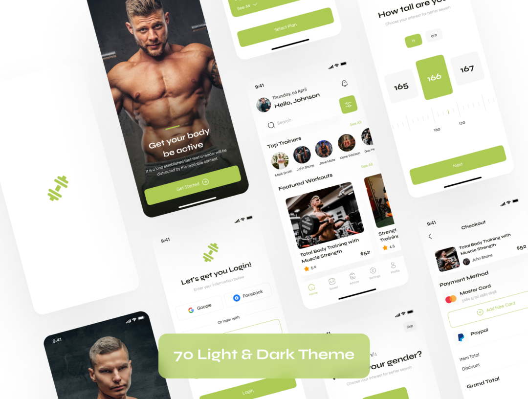 70屏高级运动健身锻炼APP软件界面设计Figma模板素材套件 Fitness & Workout App UI Kit_img_1