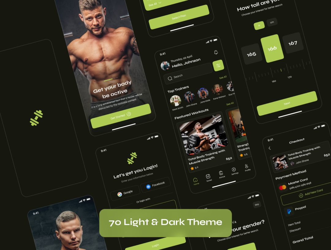 70屏高级运动健身锻炼APP软件界面设计Figma模板素材套件 Fitness & Workout App UI Kit_img_1