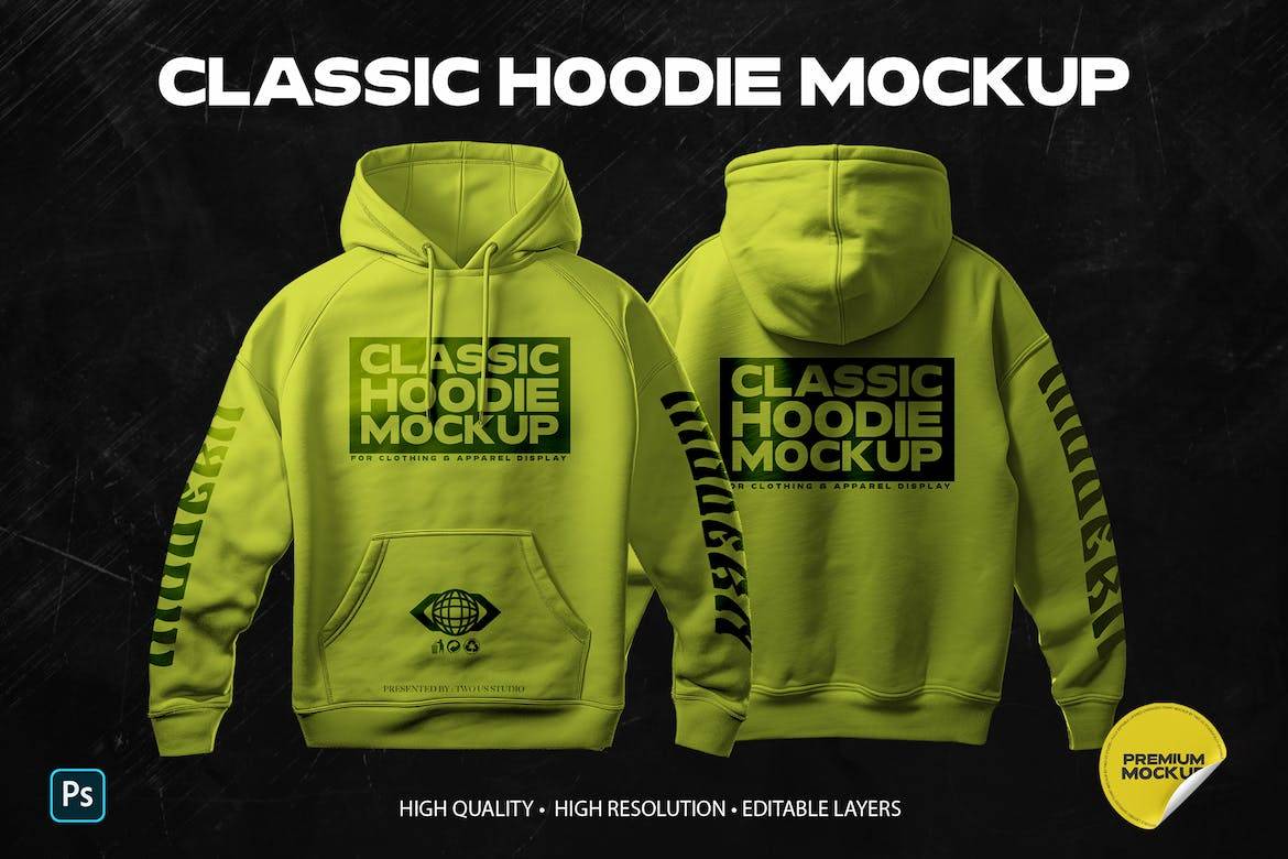 逼真嘻哈风街头连衣帽卫衣印花图案设计PS展示贴图样机模板 Classic Hoodie Mockup_img_1