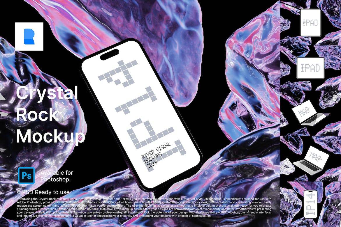 6款水晶宝石3D立体背景苹果iPhone 14 Pro屏幕演示PSD样机模板 Crystal Rock Mockup_img_1