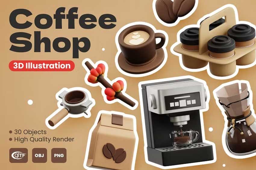 30款独特咖啡饮料配件3D插图图标Icons设计素材合集 Coffee Shop 3D Icon Pack_img_1