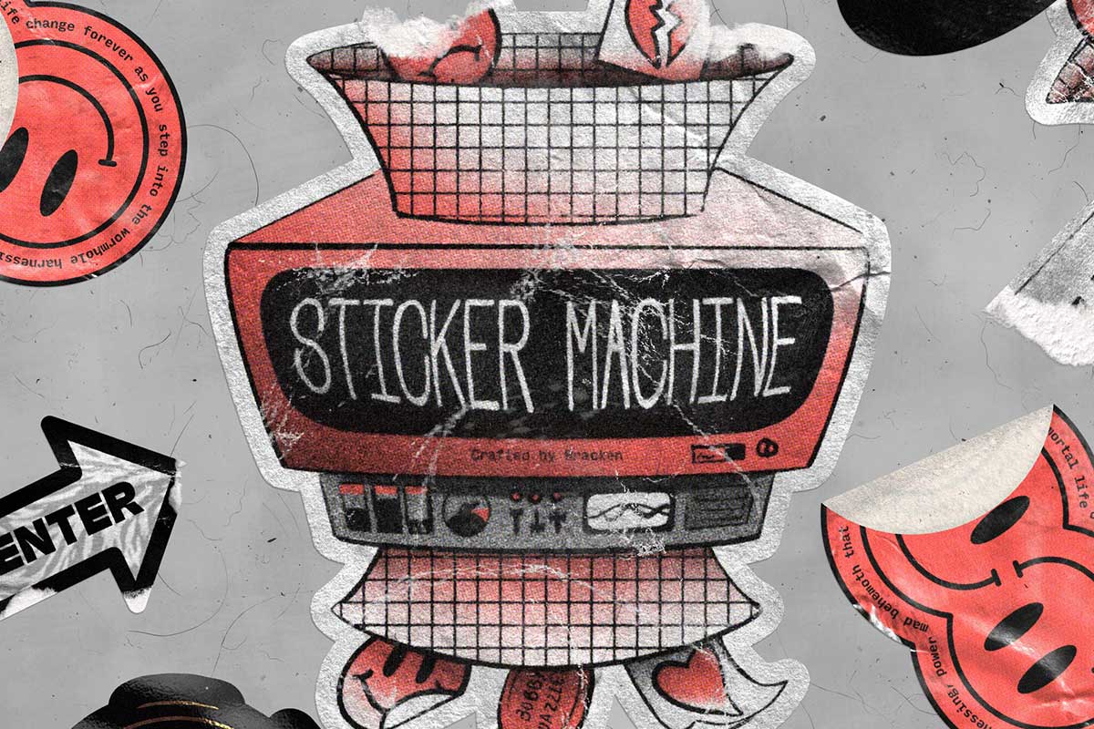 复古做旧折痕粗糙撕裂贴纸标签卡片设计PS特效动作素材包 Sticker Machine by Bracken_img_1