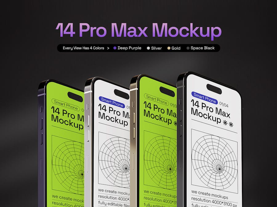 逼真高清苹果iPhone 14 Pro Max屏幕演示贴图效果图PSD样机模板素材 Realistic IPhone 14 Pro Max Psd Mockups_img_1