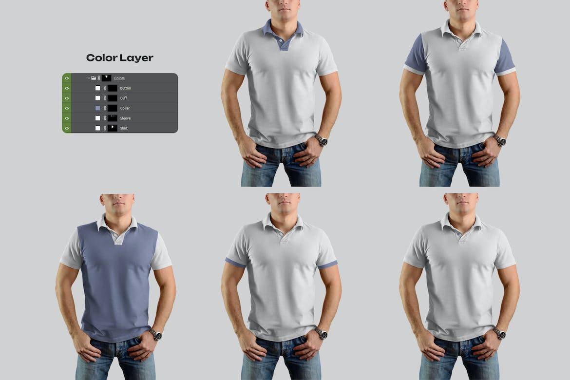 6款时尚男士Polo半袖T恤衫印花图案设计展示贴图PSD样机模板 6 Mockups Polo Shirt_img_1