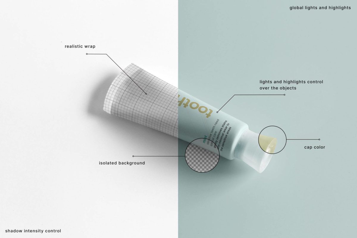 逼真牙膏软管包装罐外观设计展示贴图PSD样机模板素材 Toothpaste Tube Mockup_img_1