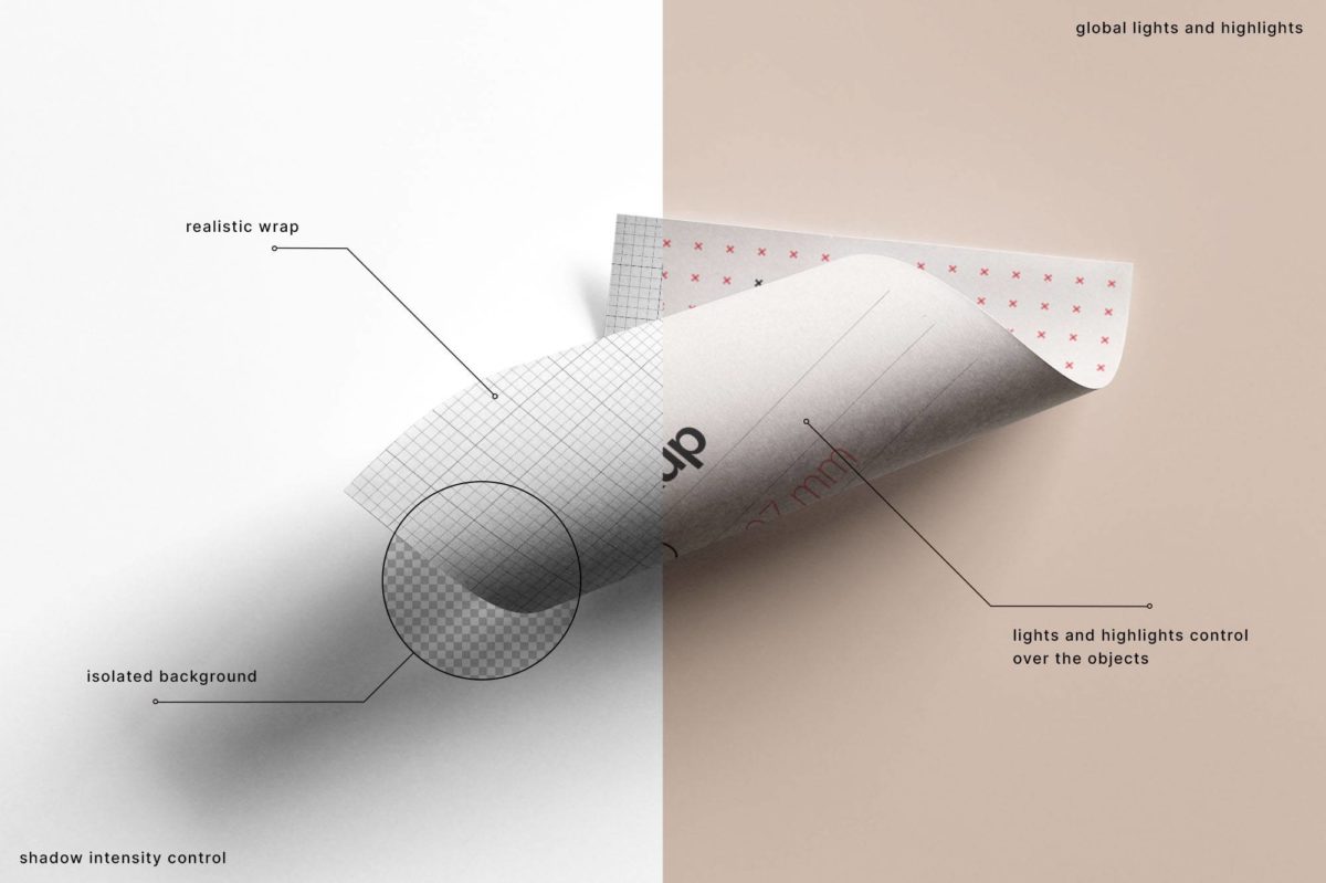 时尚A4卷曲纸张海报传单展示贴图PSD样机模板素材 A4 Curled Paper Mockup_img_1