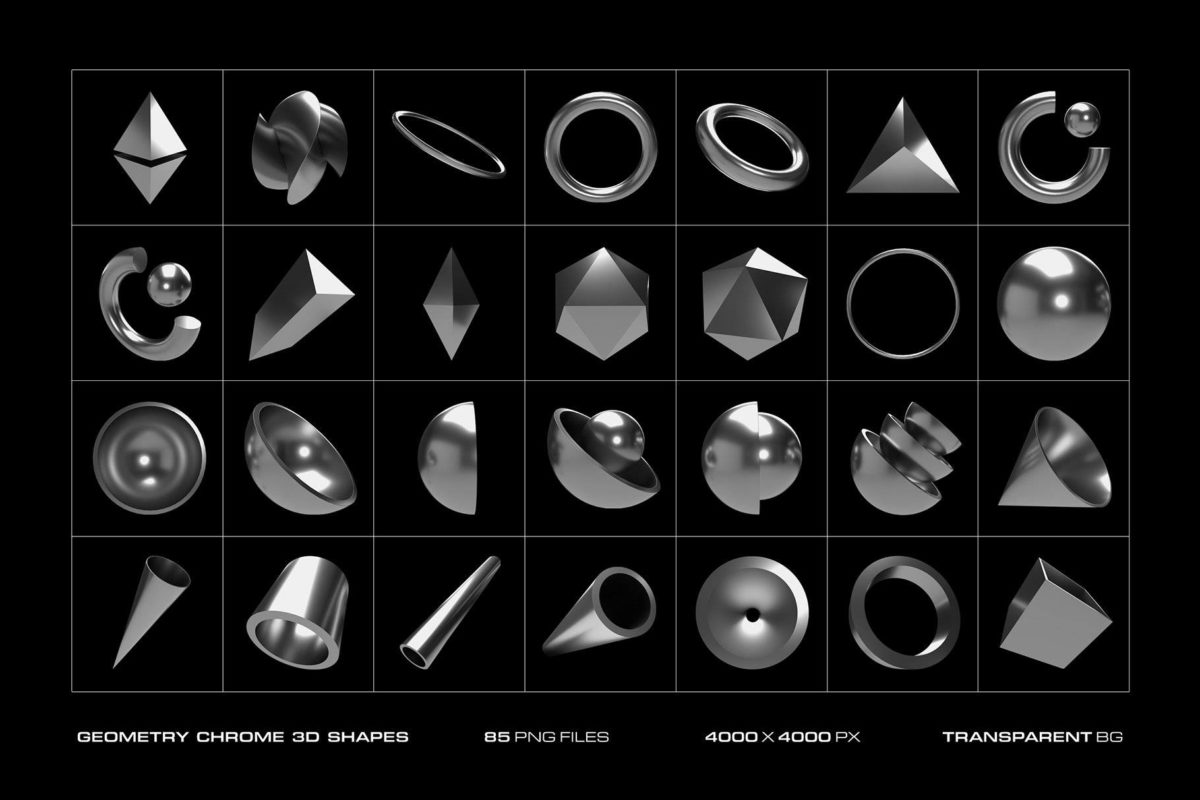 85款未来科幻赛博朋克金属镀铬3D立体几何图形PNG免抠图片设计素材 Geometry Chrome 3D Shapes_img_1