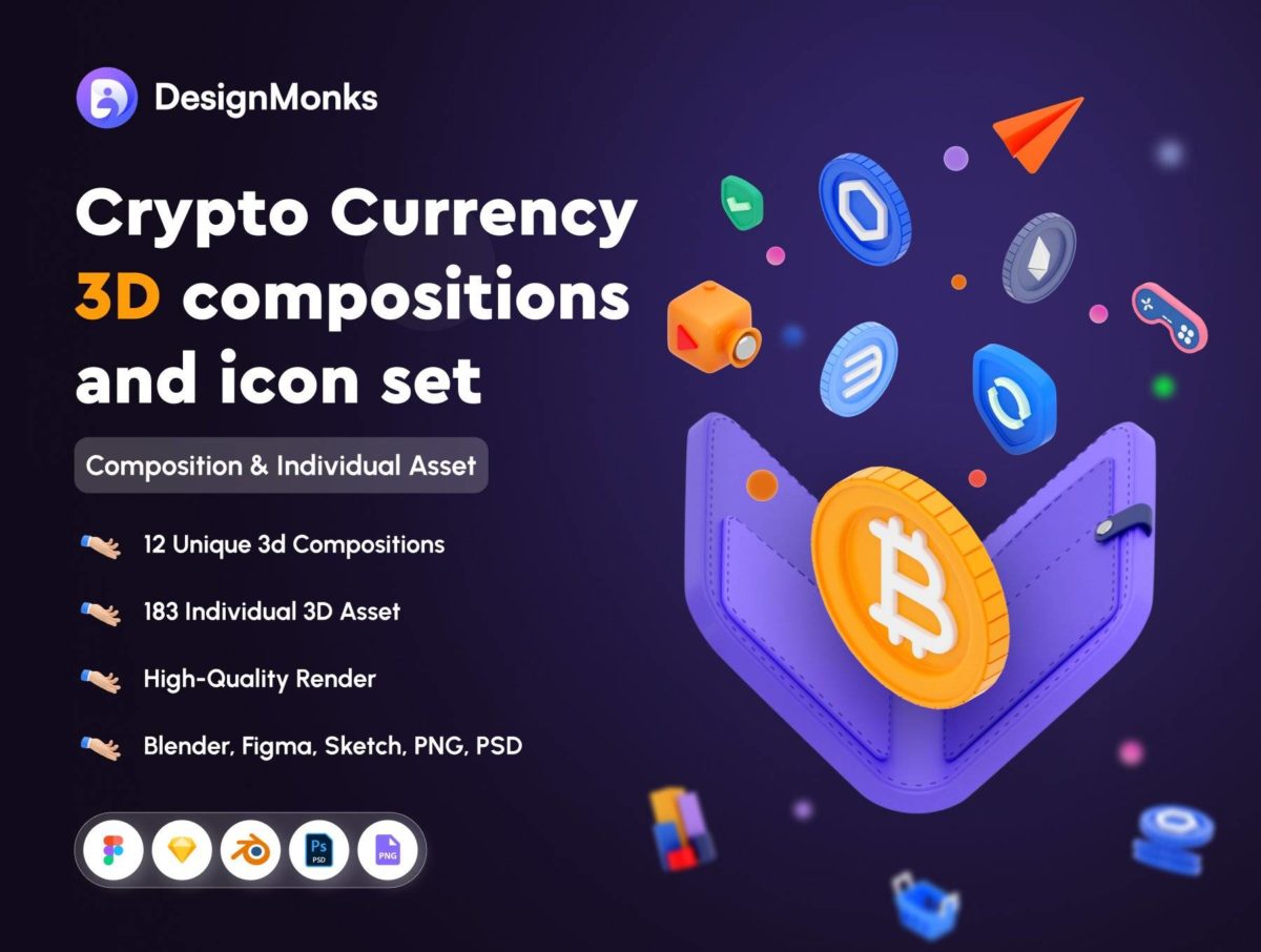 183款高级数字加密货币区块链3D图标Icons设计素材合集 Crypto Currency 3D compositions and icon set_img_1