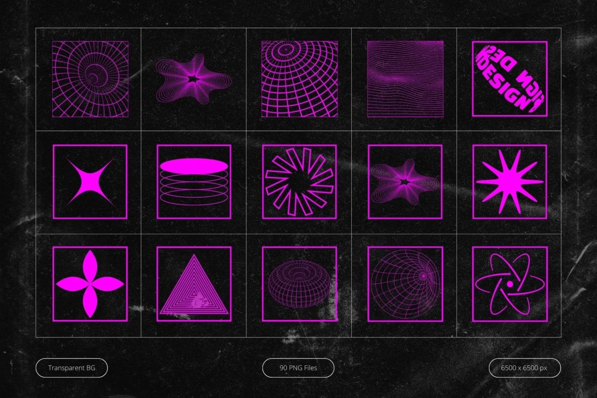 90款未来科幻霓虹复古Y2K赛博朋克抽象艺术几何图形PNG免抠图设计素材 Neon Pink Cyberpunk Shapes_img_1