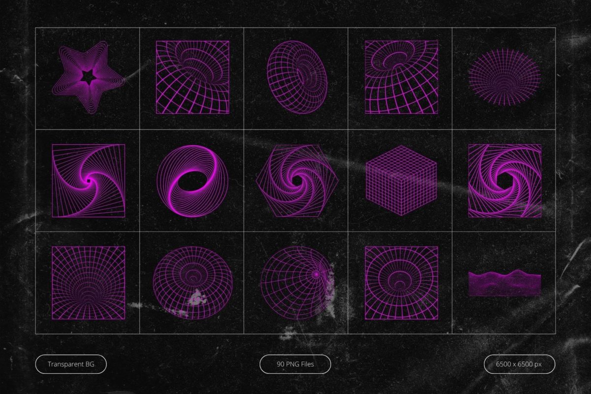 90款未来科幻霓虹复古Y2K赛博朋克抽象艺术几何图形PNG免抠图设计素材 Neon Pink Cyberpunk Shapes_img_1