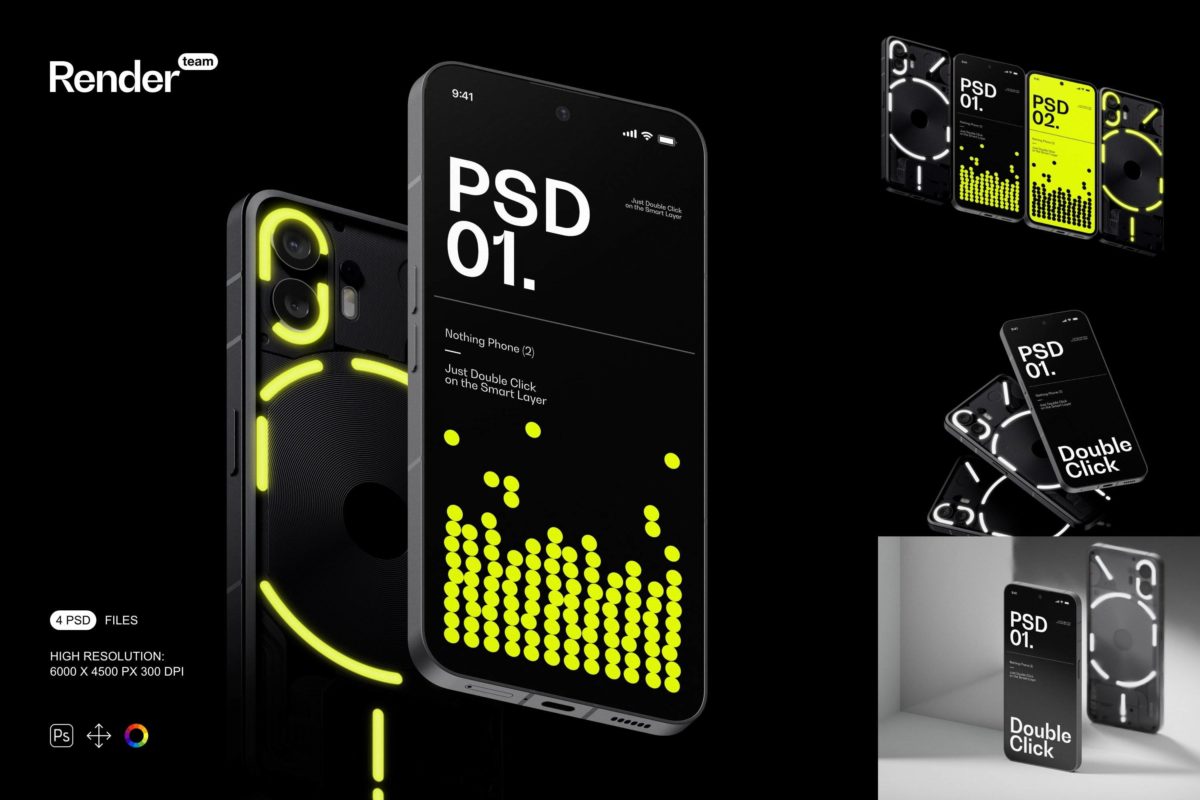 高级黑化工业风苹果iPhone 14 Pro手机屏幕展示贴图PSD样机模板素材 Nothing Phone Mockup Set_img_1