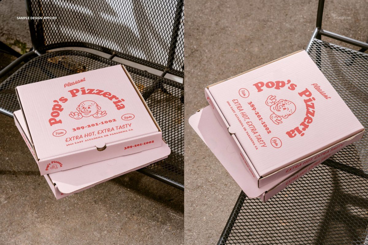 时尚披萨外卖包装纸盒设计展示贴图PSD样机模板素材 Pizza Box Mockup Set (outdoor)_img_1