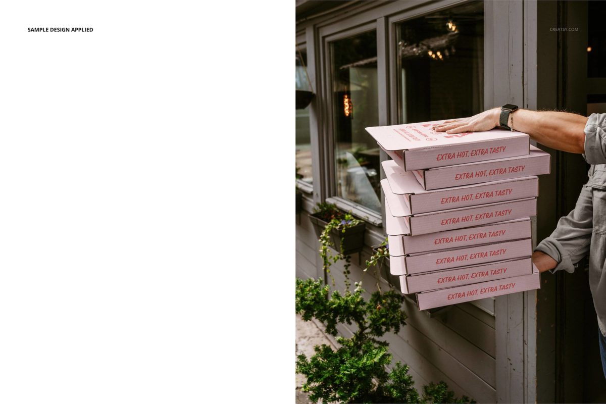 时尚披萨外卖包装纸盒设计展示贴图PSD样机模板素材 Pizza Box Mockup Set (outdoor)_img_1