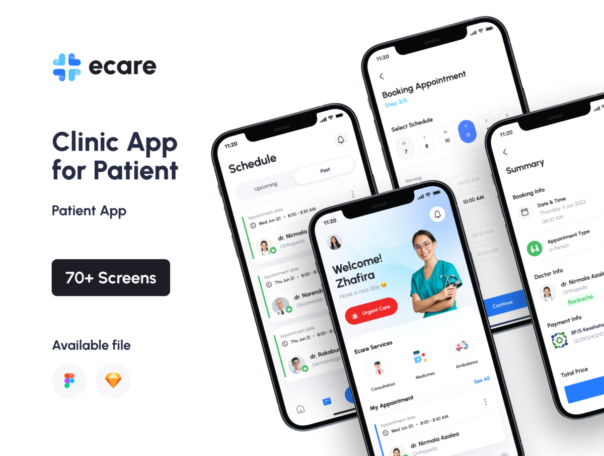 70+屏医疗在线就诊医院挂号软件APP界面设计Figma&Sketch模板素材 Ecare Clinic Application for Patient_img_1