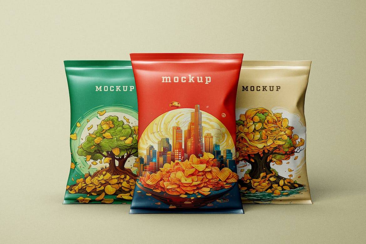 8款时尚食品小零食薯片包装塑料袋设计PS展示贴图样机模板 Chips Package Mockup_img_1