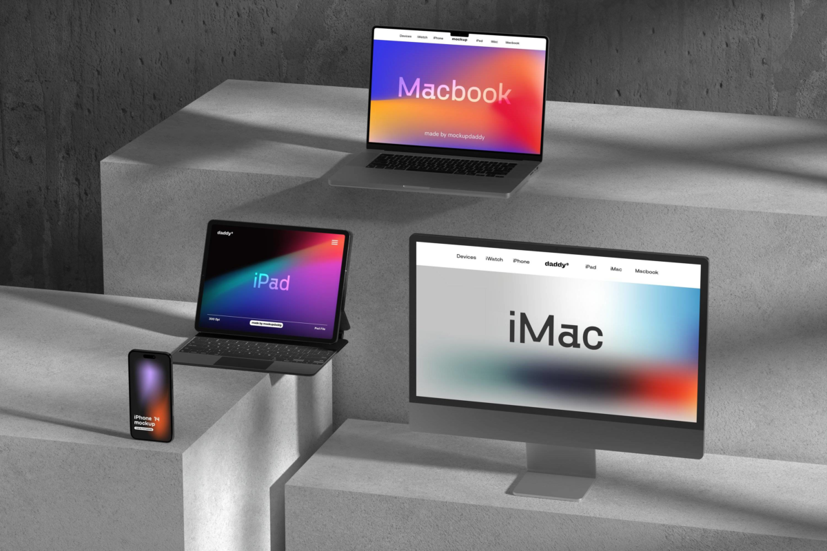 18款时尚混凝土场景苹果iPhone手机Macbook笔记本电脑数码产品PSD样机 Apple Devices Mockup Collection_img_1