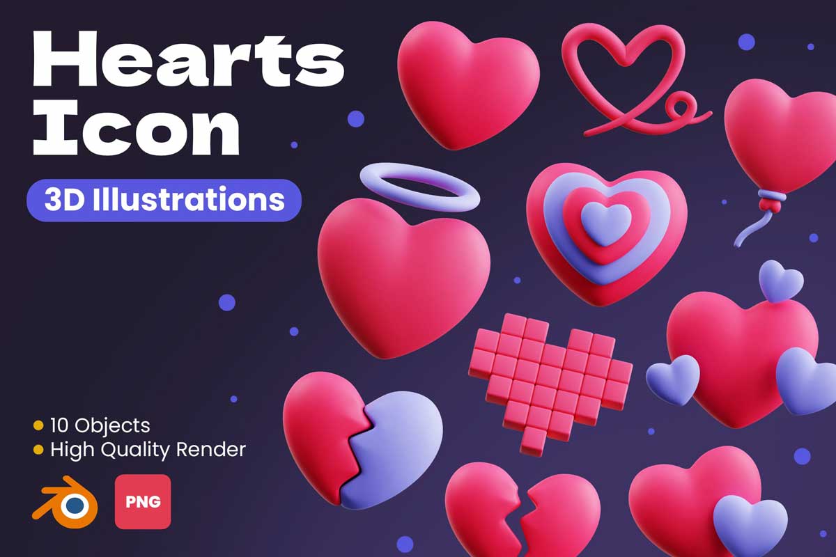 50款创意卡通有趣心形爱心插图3D图标Icons设计素材合集 Hearts 3D Icon Pack_img_1