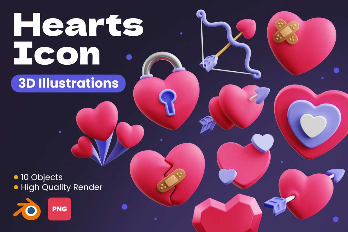 50款创意卡通有趣心形爱心插图3D图标Icons设计素材合集 Hearts 3D Icon Pack_img_1