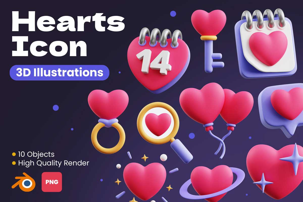 50款创意卡通有趣心形爱心插图3D图标Icons设计素材合集 Hearts 3D Icon Pack_img_1